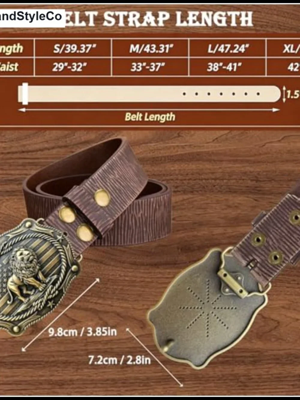 Genuine Leather Western Belt with Bronze Lion Buckle
